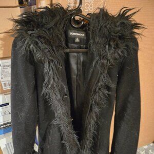 Donny Brook Black Long Coat with Faux Fur Trim